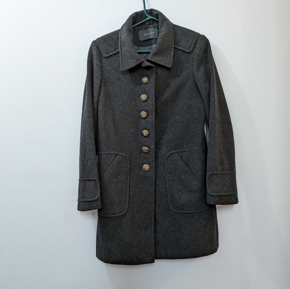 Tahari Charcoal Gray 100% Wool Long Button Down Coat, Women's 4